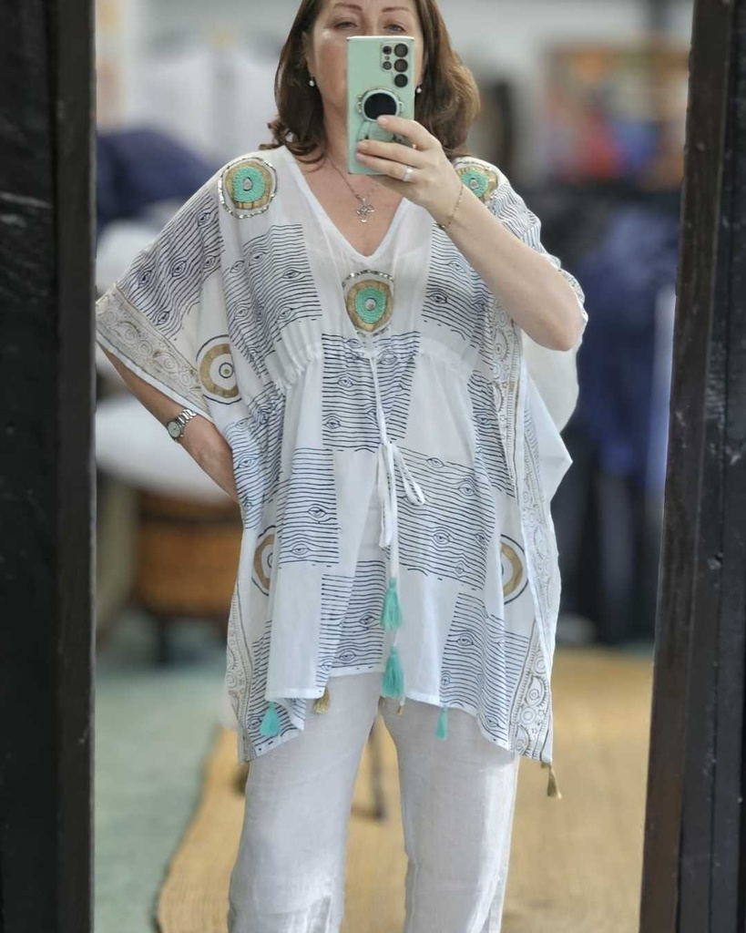 Beli kaftan sa smaragdnim perlicama free size